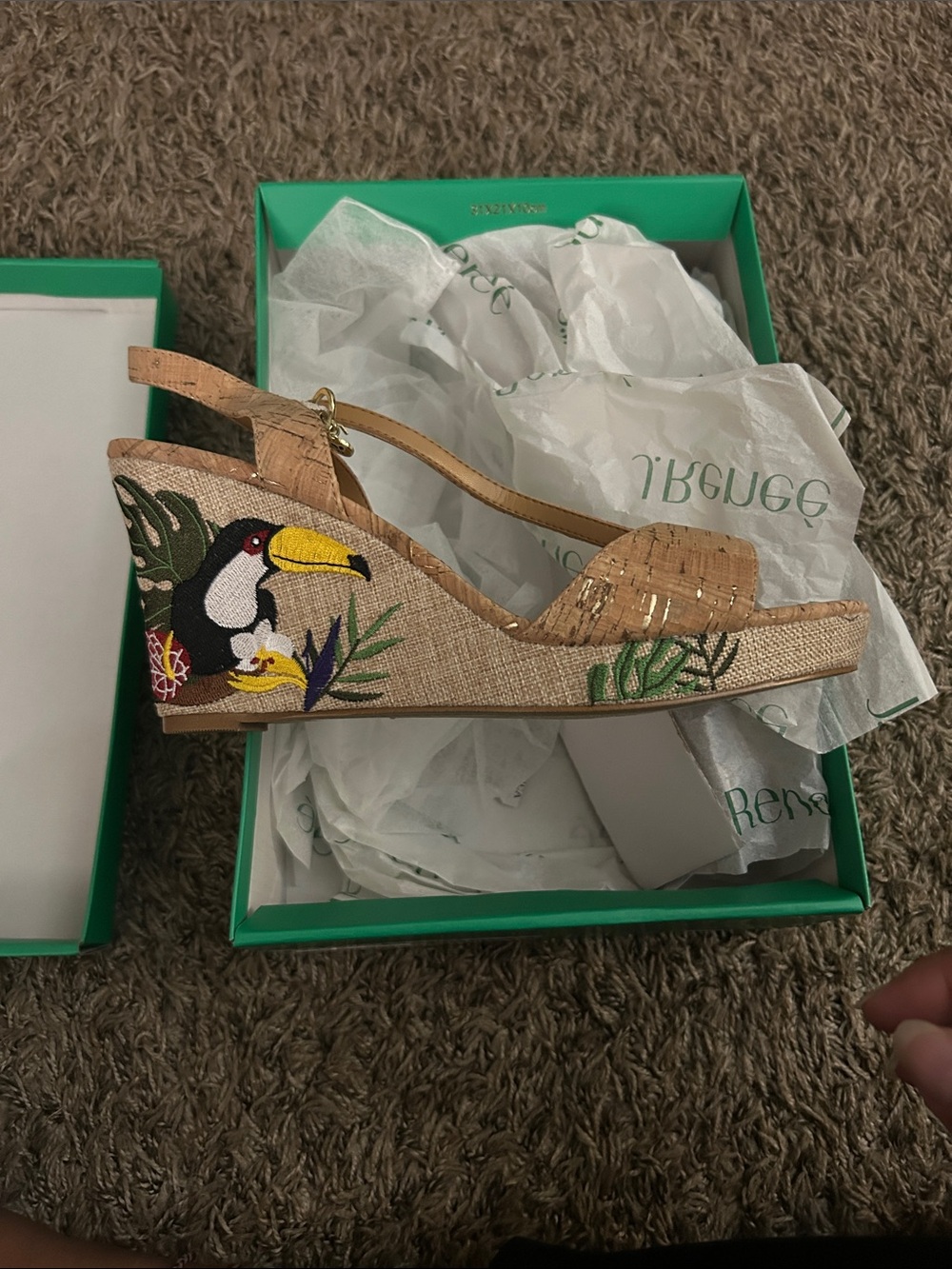 J.Renee Natural Cork Wedge with Embroidered Toucan and Tropical Motif